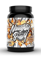 Naughty Boy Whey 100 protein powder in Cinnamon Cookie Dough flavor, high-quality whey blend for muscle recovery.